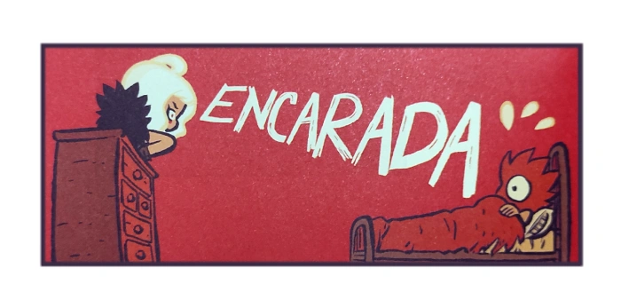 Exemplo de onomatopeia representando uma ação em Repeteco. O recurso diz "encarada", enquanto um personagem olha para o outro.